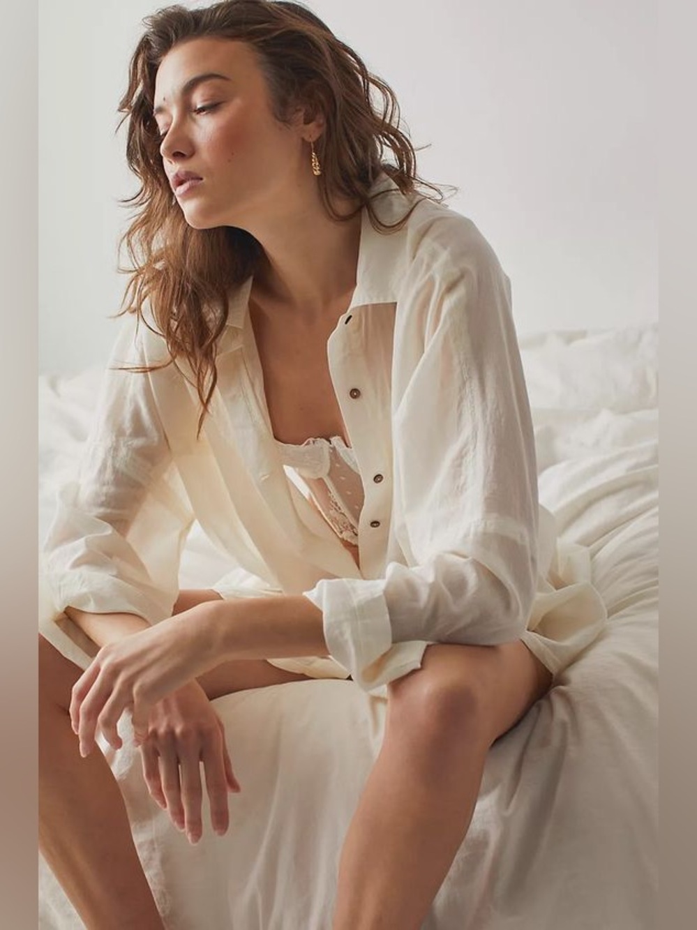 Intimately Free People Heat Of The Night Button Up Lounge Shirt Ivory XS